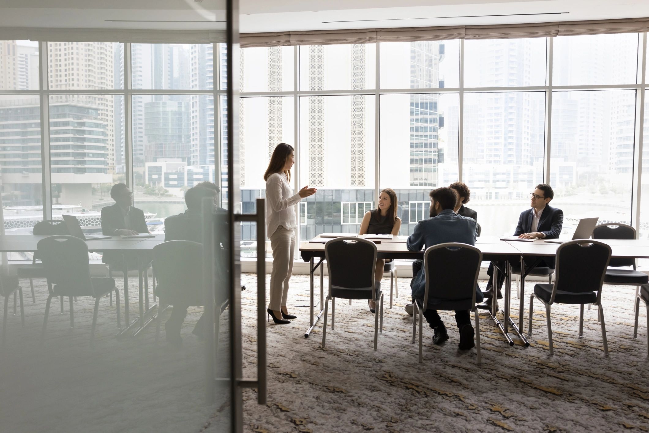 Business team discussing strategy at conference table
