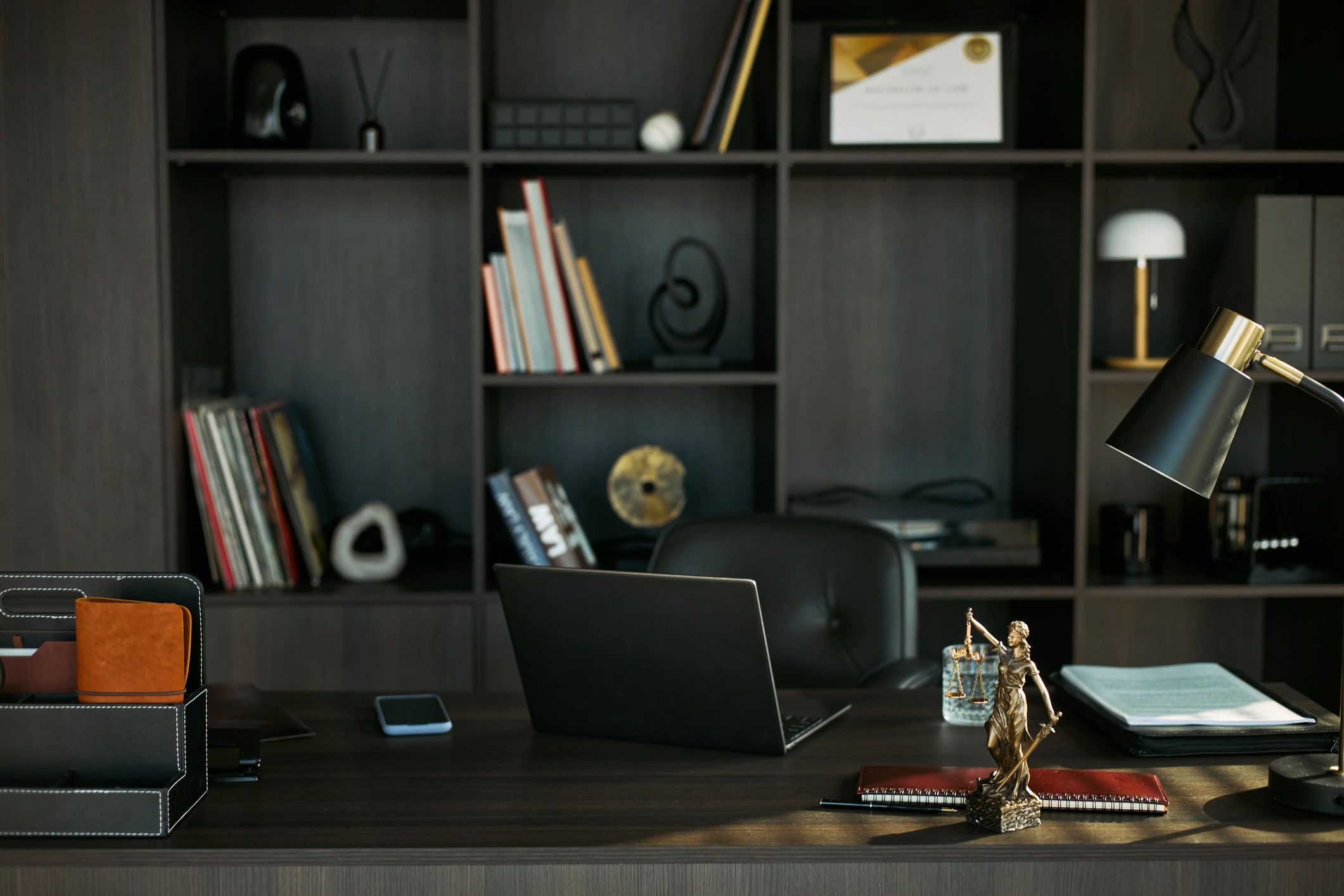 Law office workspace with legal files and desk